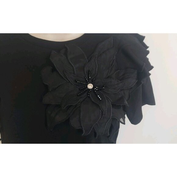 NWT BADGLEY MISCHKA BLACK BLOUSE FLOWER STONES DETAILS RUFFLE ACCENT TOP SMALL - Picture 3 of 9